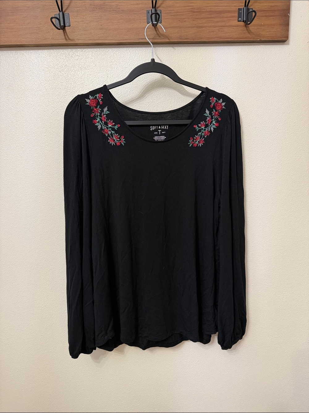 American Eagle Soft & Sexy Black Long-Sleeve Top with Red Floral Embroidery